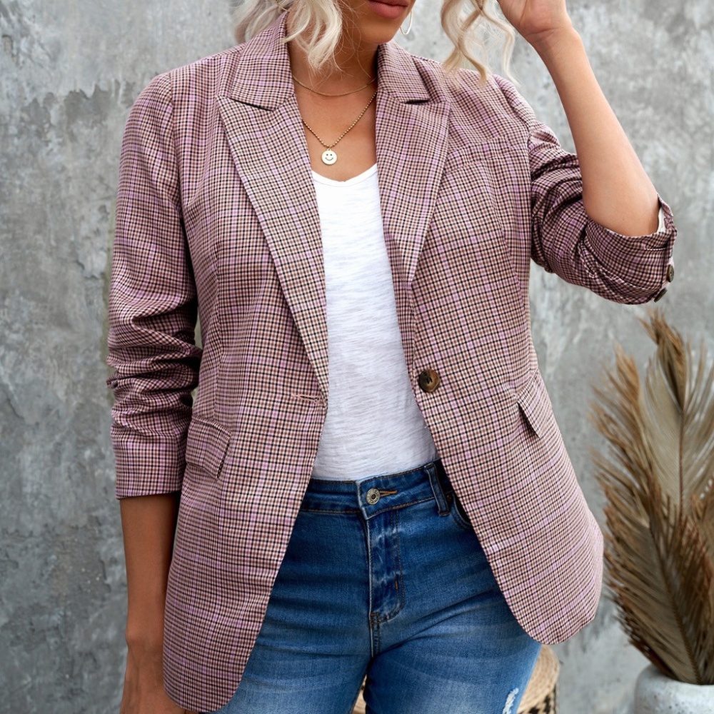 Sweet Earth Plaid Print Lapel Collar Buttoned Blazer
